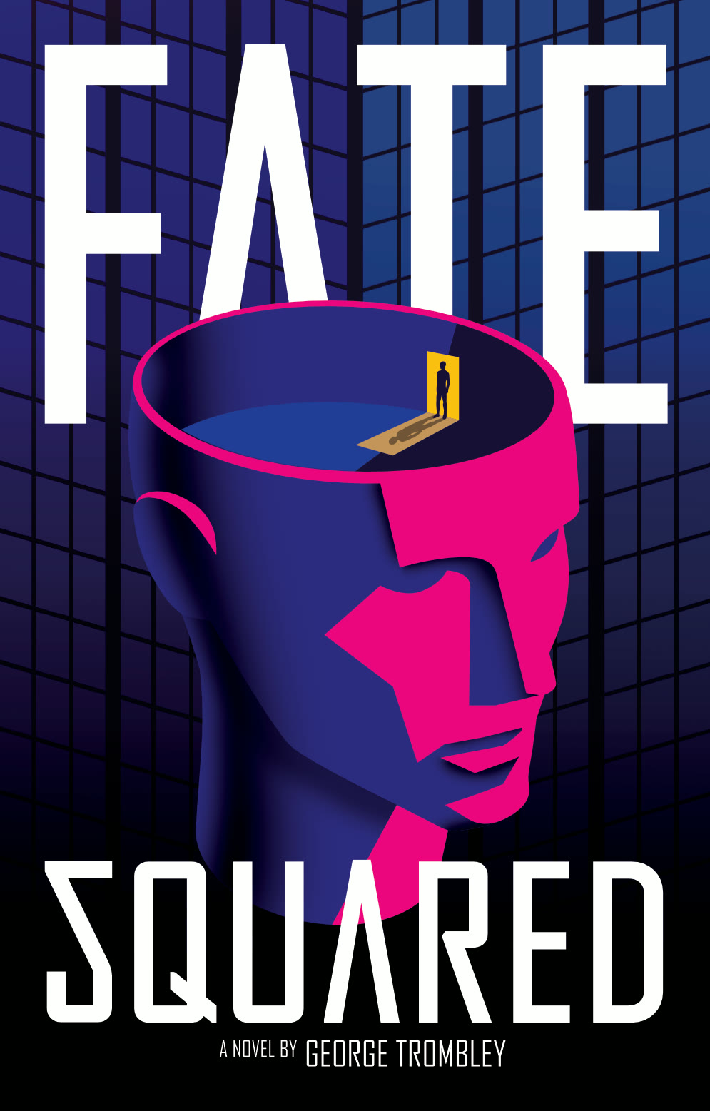 Fate Squared front cover: a stylized magenta and indigo head, its top open to reveal a lone figure standing in a glowing golden doorway.